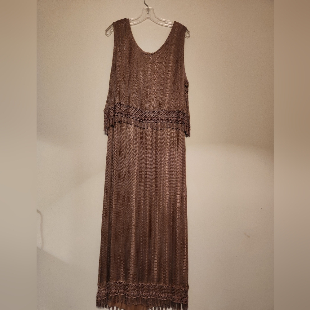 Elegant Vintage Brown Sleeveless Dress With Jacket/ Fringe
